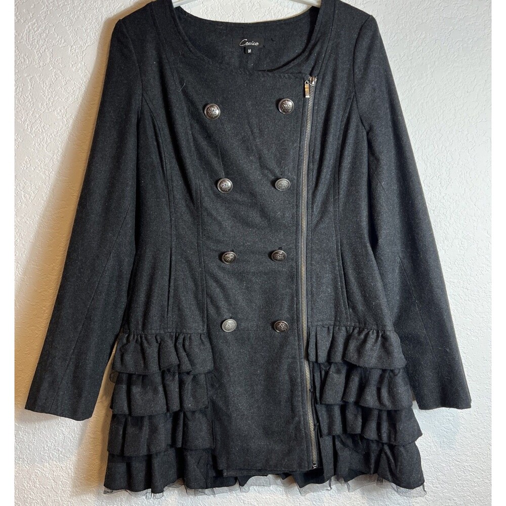 Cecico Whimsigoth WoolBlend Jacket Gray M FullZip FauxDouble Breasted Ruffle VTG